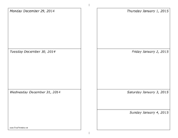 12/29/2014 Weekly Calendar (horizontal) Calendar