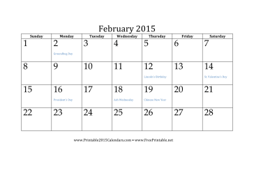 February 2015 Calendar Calendar