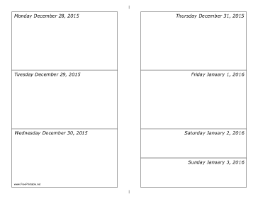 12/28/2015 Weekly Calendar (horizontal) Calendar