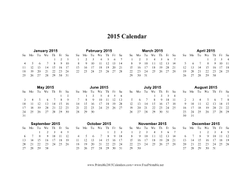 2015 Calendar on one page (horizontal) Calendar