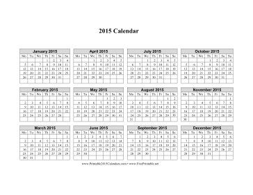 2015 Calendar on one page (horizontal, week starts on Monday) Calendar