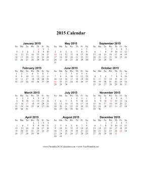 2015 Calendar (vertical, descending, holidays in red) Calendar