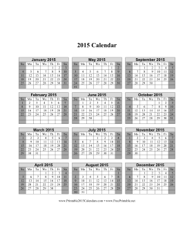 2015 Calendar on one page (vertical, shaded weekends) Calendar