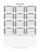 2015 Calendar on one page (vertical, shaded weekends, notes) calendar