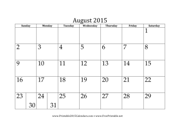 August 2015 Calendar Calendar