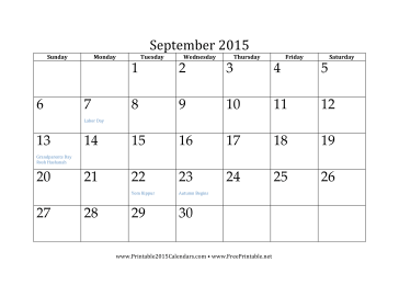 September 2015 Calendar Calendar