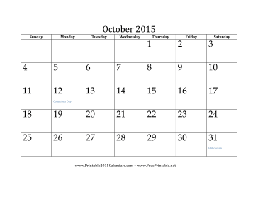 October 2015 Calendar Calendar