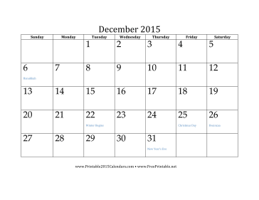 December 2015 Calendar Calendar