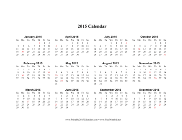 2015 Calendar (horizontal, descending, holidays in red) Calendar