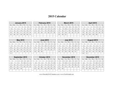 2015 Calendar on one page (horizontal grid) Calendar