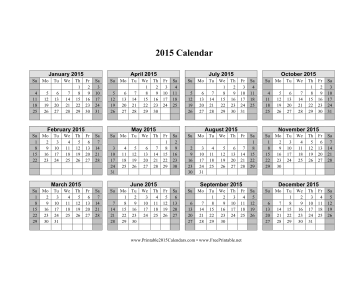 2015 Calendar on one page (horizontal, shaded weekends) Calendar