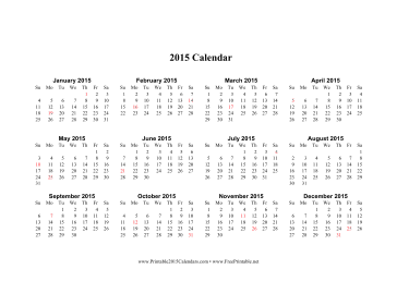 2015 Calendar on one page (horizontal, holidays in red) Calendar