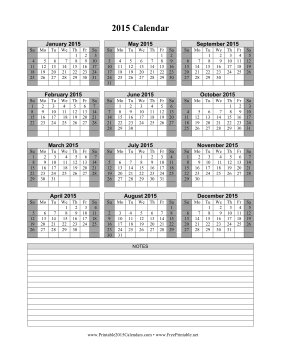 2015 Calendar on one page (vertical, shaded weekends, notes) Calendar