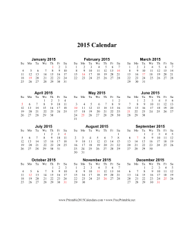 2015 Calendar on one page (vertical, holidays in red) Calendar