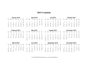 2015 Calendar (horizontal, descending, holidays in red) calendar